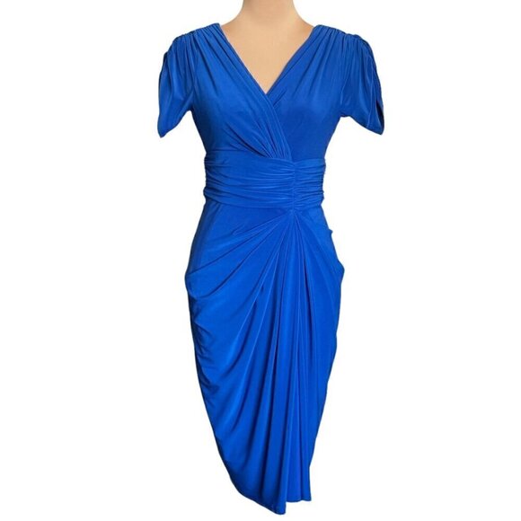 NWOT Faux Wrap Cocktail Mini Dress Sz.6 Blue Ruching V-Neck Sexy Elegant Preppy - Picture 1 of 13